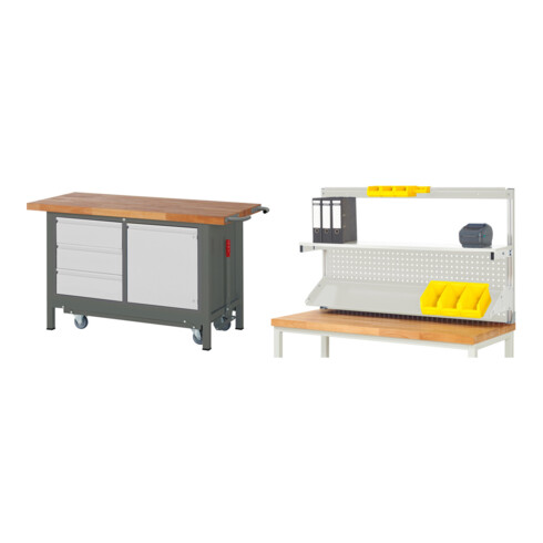 Set STIER Werkbank Premium mit abs. Fahrgestell, 3 Schubladen und 1 Flügeltür BxTxH 1500x700x880 mm + Werkbankaufbau BxH 1500x900mm