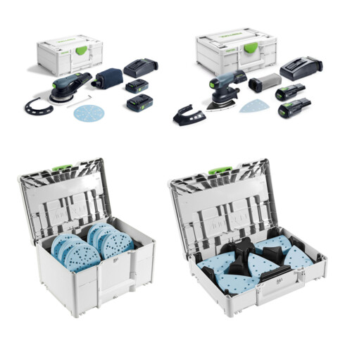 Set Festool Akku-Exzenterschleifer ETSC 2 150 4,0 I-Plus + Akku-Deltaschleifer DTSC 400 3,0 + Schleifmittel-SystainerD150 Granat + SYS-STF DELTA Set Granat