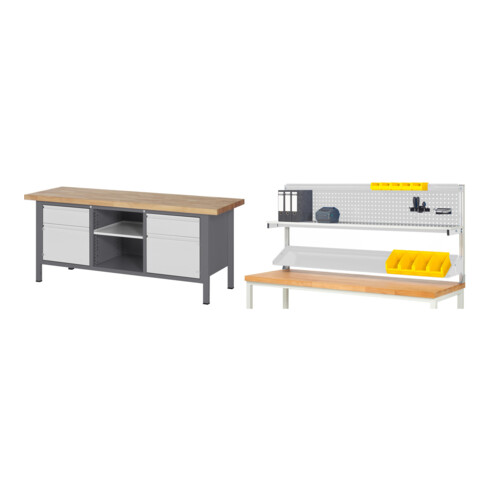 Set STIER Höhenverstellbare Werkbank Premium mit 2 Schubladen und 2 Flügeltüren + Werkbankaufbau BxH 2000x900mm
