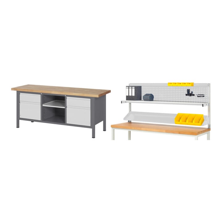 STIER Höhenverstellbare Werkbank Premium mit 2 Schubladen und 2 Flügeltüren BxTxH 2000x700x840-1040mm + STIER Werkbankaufbau BxH 2000x900mm