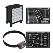 Set Kraftwerk Werkzeugwagen LT700 60/40 7 Schubladen + LED Stirnlampe COB 500 + Steckschlüssel-Einlage 1/4“+3/8“+1/2“, bestückt, 86-tlg. + Gabelring/ Ring-Ring-Einlage 46-tlg.
