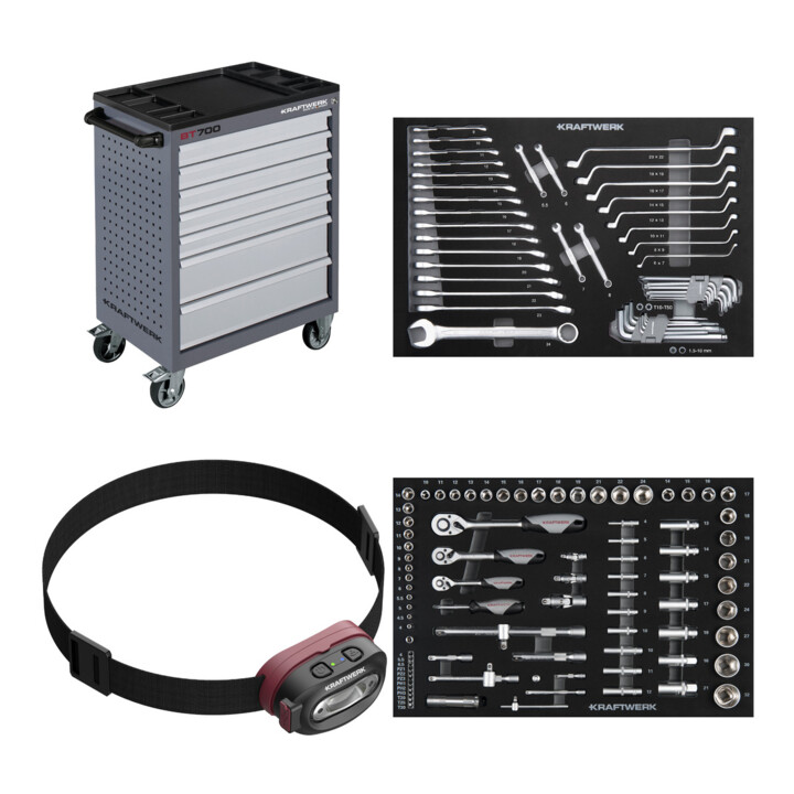 Set Kraftwerk Werkstattwagen BT700 60/40 7 Schubladen + LED Stirnlampe COB 500 + Steckschlüssel-Einlage 1/4“+3/8“+1/2“, bestückt, 86-tlg. + Gabelring/