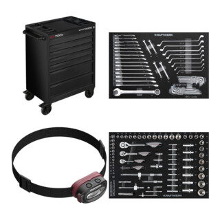 Set Kraftwerk Werkstattwagen BT700s 7 Schubladen schwarz, leer + LED Stirnlampe COB 500 + Steckschlüssel-Einlage 1/4“+3/8“+1/2“, bestückt, 86-tlg. + Gabelring/ Ring-Ring-Einlage 46-tlg.