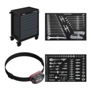 Set KRAFTWERK Werkstattwagen LT700 60/40 7 Schubladen ant + LED Stirnlampe COB 500 + Steckschlüssel-Einlage 1/4“+3/8“+1/2“, bestückt, 86-tlg. + Gabelring/ Ring-Ring-Einlage 46-tlg.
