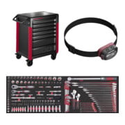 Set Kraftwerk Werkstattwagen PRO LINE PT800 7 Schubladen + LED Stirnlampe COB 500 + PRO LINE EVA Einlage 1/4"+3/8"+1/2" 60x40 125-tlg. + PRO LINE EVA Ring-Maulschlüssel, Drehmoment Satz 60x40 44-tlg.