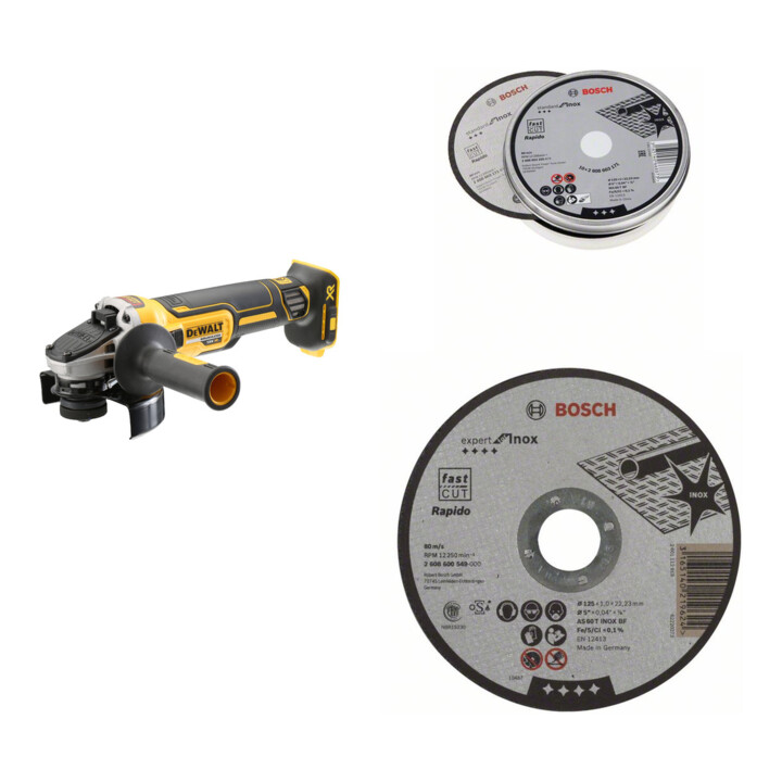 Set DEWALT Winkelschleifer DCG405NT-XJ 18V Solo + Bosch 6 Trennscheiben 125 mm