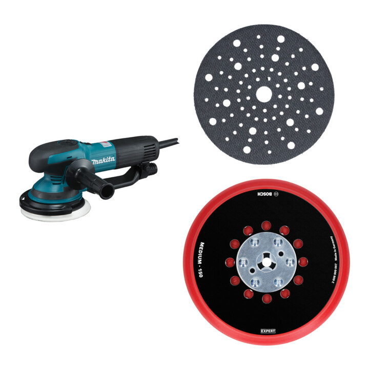Set Makita BO6050J Schleifer 150 mm +Bosch Stützteller & Schleiftellerschoner