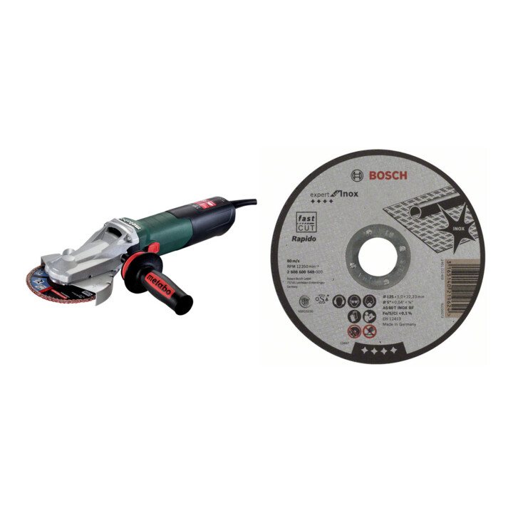 Set Metabo Flachkopf-Winkelschleifer WEF15-125 + Bosch 5 Trennscheiben 125 mm