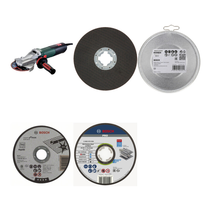 Set Metabo Flachkopf-Winkelschleifer WEF15-125 + Bosch 5 Trennscheiben 125 mm