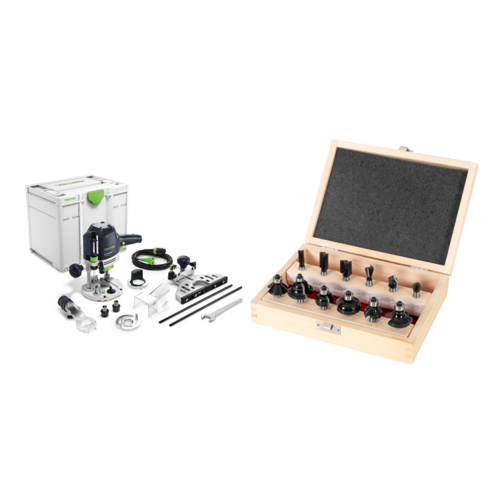Set Festool Oberfräse OF 1400 EBQ-Plus + Fräsersortiment 12-teilig 8mm