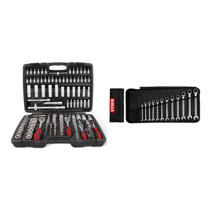 Set STIER Steckschlüssel-Satz, 1/4, 3/8 und 1/2 Zoll, 179-teilig + STIER Maul-Ringratschenschlüssel-Satz, SW 8 - 19 mm, 12-teilig
