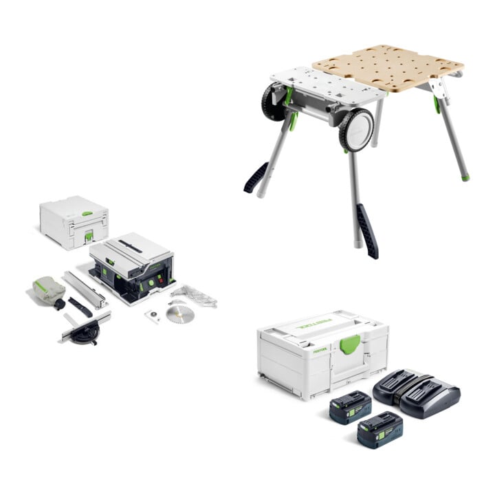 Set Festool Akku-Tischkreissäge CSC SYS 50 EBI-Basic + Energie-Set SYS 18V 2xHP5,0/TCL6DUO + Untergestell UG-CSC-SYS