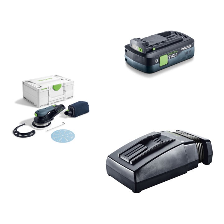 Set Festool Akku-Exzenterschleifer ETSC 2 150-Basic + Tabless Akkupack BP 18 TBX 4 C-ASI + Schnellladegerät TCL 6