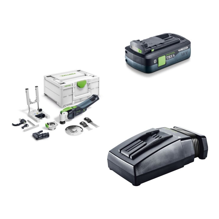 Set Festool Akku-Oszillierer OSC 18 E-Basic-Set VECTURO + Tabless Akkupack BP 18 TBX 4 C-ASI + Schnellladegerät TCL 6
