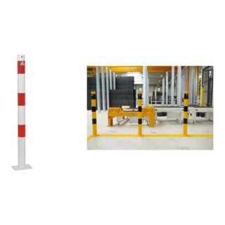 Set Absperrpfosten 460PB/1. D 60 mm ortsf., w/r + BefestigungsschraubensatzTyp 1 + Verbindungsglied verzinkt, weiß, beschichtet 10 Stück + Absperrkette aus Stahl 5mm geschweißt, verzinkt, rot/weiß, beschichtet 10 Stück