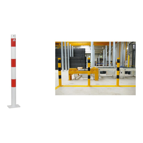 Set Absperrpfosten 460PB/1. D 60 mm ortsf., w/r + BefestigungsschraubensatzTyp 1 + Verbindungsglied verzinkt, weiß, beschichtet 10 Stück + Absperrkette aus Stahl 5mm geschweißt, verzinkt, rot/weiß, beschichtet 10 Stück