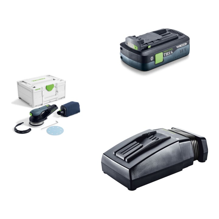 Set Festool Akku-Exzenterschleifer ETSC 2 125-Basic + Tabless Akkupack BP 18 TBX 4 C-ASI + Schnellladegerät TCL 6