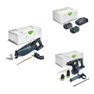 Set Festool Akku-Säbelsäge RSC 18 EB-Basic + Energie-Set SYS 18V 2xTBX8/SCA16 + Akku-Kombihammer KHC 18 EB-Basic