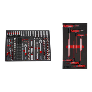 Set STIER Steckschlüssel-Satz 1/4" 3/8" 1/2" 179-teilig in Weichschaumeinlage (EVA) + STIER T-Griff-Schraubendreher-Satz 6kt 3 - 10 mm 6-teilig in Weichschaumeinlage (EVA)