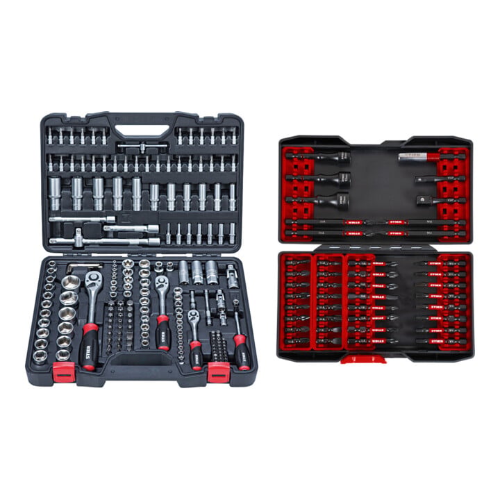 Set STIER Jeu de clés à douille, 1/4, 3/8 et 1/2 pouce, 179 pièces + STIER Jeu de bits à torsion pour visseuse, 42 pièces