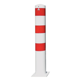 Set Schake Absperrpfosten Typ 40153B, ortsfest, zum Aufdübeln + Bodenplatte 220x220mm, Ø 152mm, Gesamtlänge:1000mm, weiß / rot + Schake Befestigungsschraubensatz Typ 2 4 Stück Fixanker M16 x150mm, verzinkt