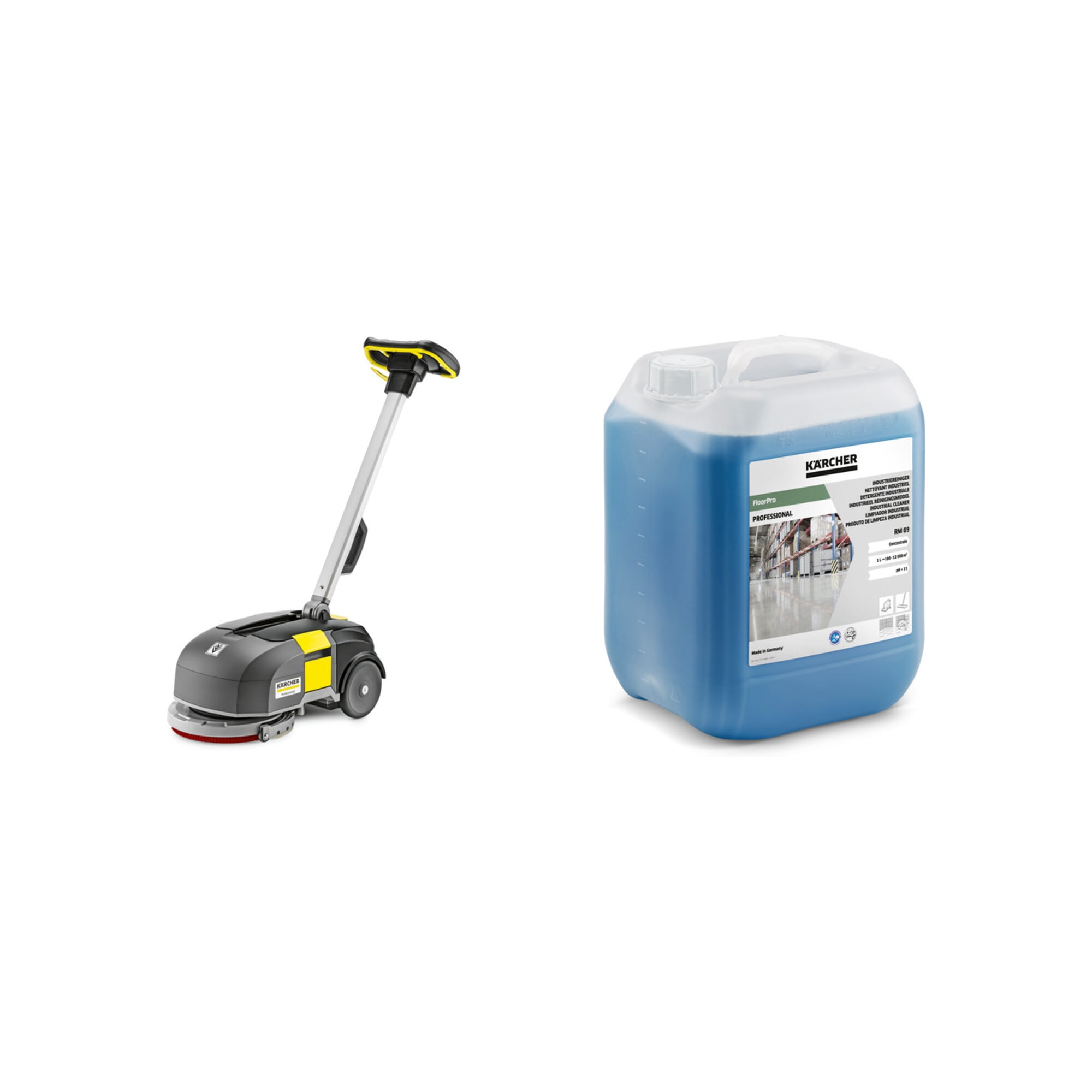 Set Kärcher Waschsauger Puzzi 10/2 ADV, 10 l Frischwasserbehälter, 2 l/min, 2 bar Sprühdruck + Kärcher FloorPro Industriereiniger RM 69, 10 l