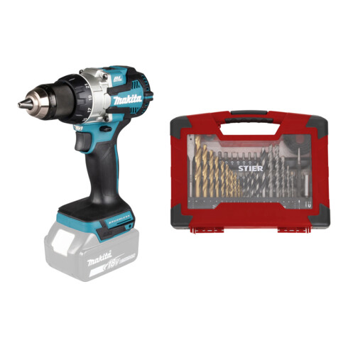 Set Makita Akku-Bohrschrauber 18V, 1800 U/min, ohne Akku + STIER TiN-Bohrer-, Säge- und Bit-Set 100-teilig