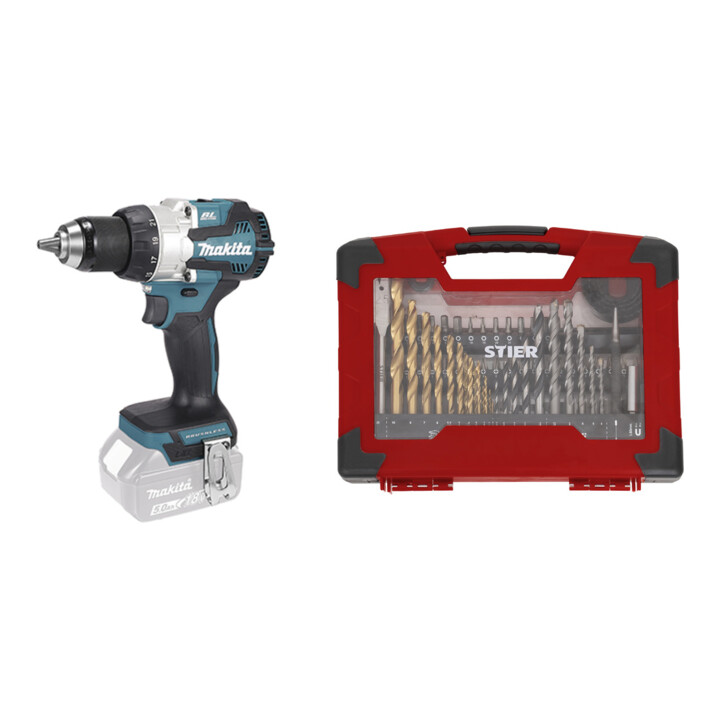Set Makita Akku-Bohrschrauber 18V, 1800 U/min, ohne Akku + STIER TiN-Bohrer-, Säge- und Bit-Set 100-teilig