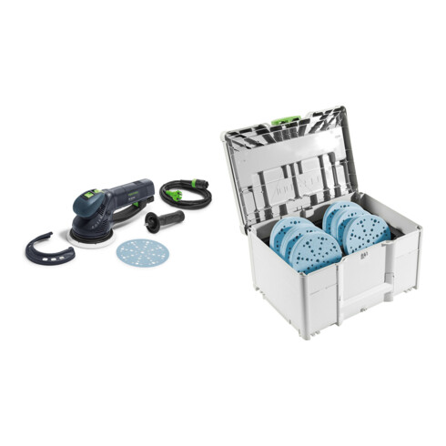 Set Festool Getriebe-Exzenterschleifer RO 150 FEQ ROTEX + Schleifmittel-Systainer³ SYS-STF D150 GR-Set Granat
