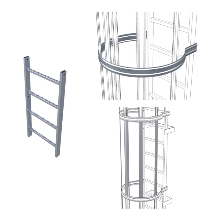 Set ZARGES Leiterteil Stahl verzinkt 2.80 m + ZARGES Rückenschutzbügel D = 700 mm Stahl verzinkt + ZARGES Rückenschutzstrebe 1.400 mm Stahl verzinkt