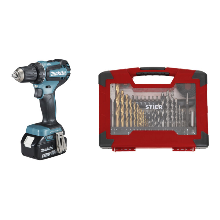 Set Makita Akku-Bohrschrauber 18V / 3,0 Ah DDF485RFJ + STIER TiN-Bohrer-, Säge- und Bit-Set 100-teilig