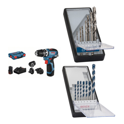 Set Bosch Akku-Bohrschrauber GSR 12V-35 FC + 7tlg. Robust Line Holzspiralbohrer-Set + 7tlg. Robust Line Betonbohrer-Set