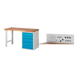 Set STIER Werkbank Premium mit 5 Schubladen BxTxH 1500x700x840mm RAL 7035 /...