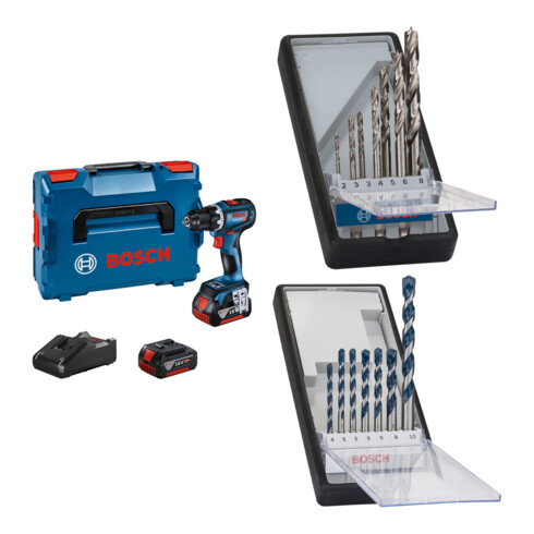 Set Bosch Akku-Bohrschrauber GSR 18V-90 C + 7tlg. Robust Line Holzspiralbohrer-Set + 7tlg. Robust Line Betonbohrer-Set