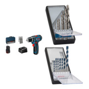 Set Bosch Akku-Bohrschrauber GSR 12V-15 + 7tlg. Robust Line Holzspiralbohrer-Set + 7tlg. Robust Line Betonbohrer-Set