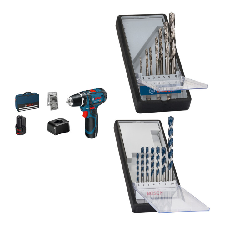 Set Bosch Akku-Bohrschrauber GSR 12V-15 + 7tlg. Robust Line Holzspiralbohrer-Set + 7tlg. Robust Line Betonbohrer-Set