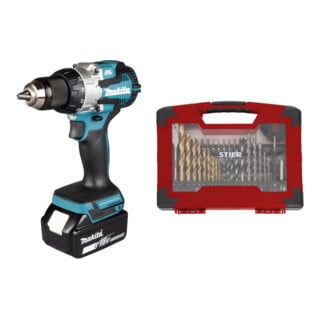 Set Makita Akku-Bohrschrauber 18V, 1800 U/min + STIER TiN-Bohrer-, Säge- und Bit-Set 100-teilig