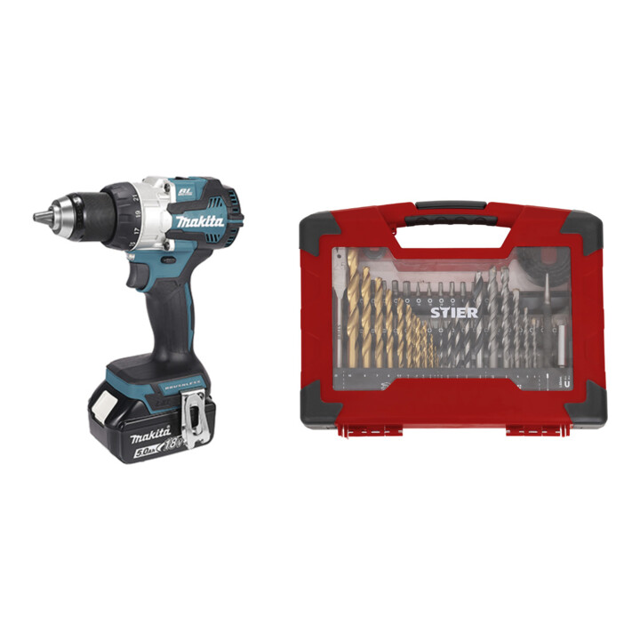 Set Makita Akku-Bohrschrauber 18V, 1800 U/min + STIER TiN-Bohrer-, Säge- und Bit-Set 100-teilig
