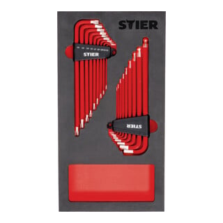 Set STIER Ensemble d’outils universels 18 pièces en mousse souple (EVA) + STIER Jeu de tournevis d’angle 6 pans/TX 16 pièces en mousse souple (EVA)