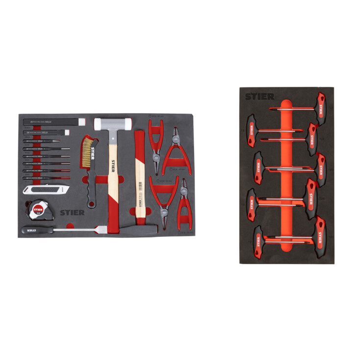 Set STIER Coffret d’outils universel 18 pièces en mousse souple (EVA) + STIER Jeu de tournevis T à empreinte Torx TX15 - TX45 mm 6 pièces en mousse souple (EVA)