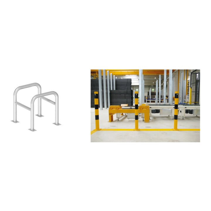 Set Säulenschutz bestehend aus 2 Steckbaren Rohrbügeln Ø60mm + angeschweißte Stutzen Ø48mm zum ineinanderstecken, Breite: 600mm x: 600mm, Höhe: 650mm, weiß + roten Streifen + BefestigungsschraubensatzTyp 1