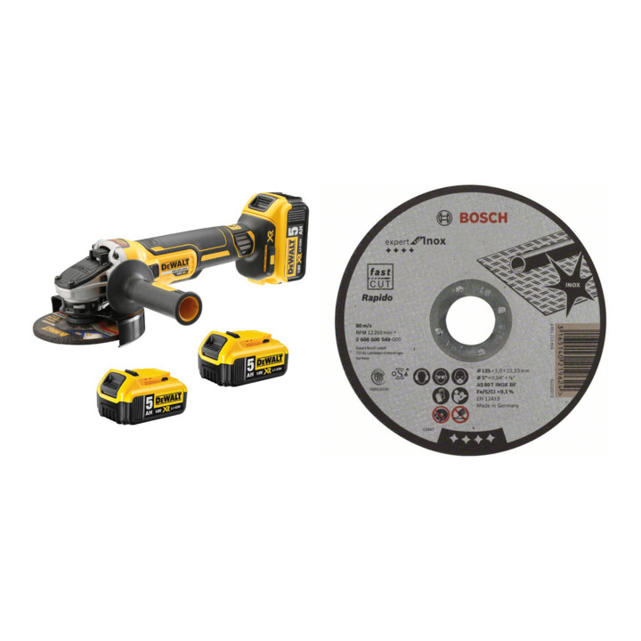 Set DEWALT Akku-Winkelschleifer DCG405P3-QW 125 mm 18 V + Bosch PRO INOX+Metal TS,125x1x22.23mm,ger.,oSa