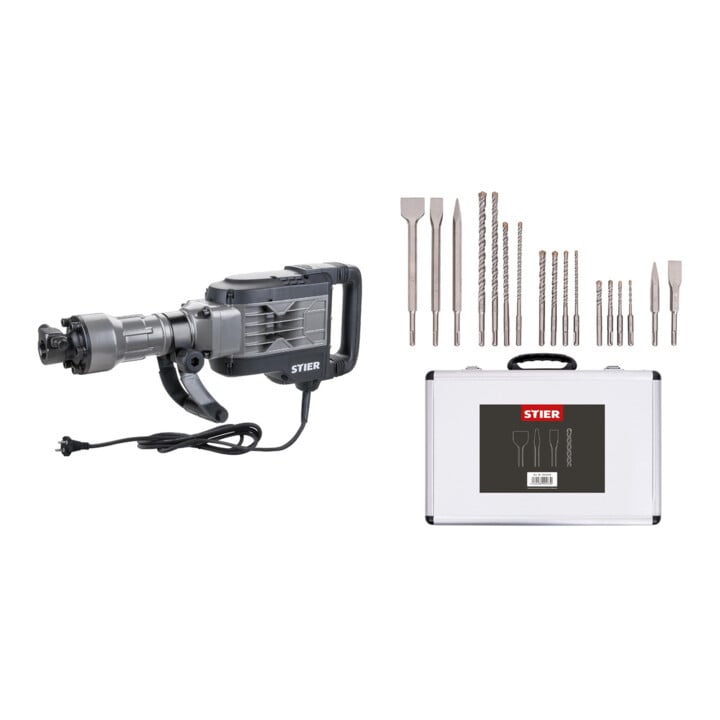 Set STIER Abbruchhammer SAH-2000 + SDS-Plus-Bohrer- und Meißelsatz 17-tlg