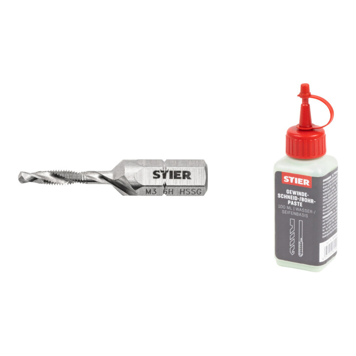 Set Stier STIER Kombigewindebohrer Bit M3 DIN 3126 HSS-G 1/4"-Sechskant + STIER Gewindeschneidpaste Bohrpaste 100 ml Wasser-/ Seifenbasis