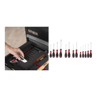 Set STIER Ensemble d'outils universels 18 pièces en mousse souple (EVA) + Stier Jeu de tournevis Big Pack 11 pièces