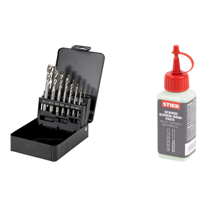 Set Stier STIER Maschinengewindebohrer-Satz HSS-E Co5 M3-12 Form C 35° 14-tlg. + STIER Gewindeschneidpaste Bohrpaste 100 ml Wasser-/ Seifenbasis