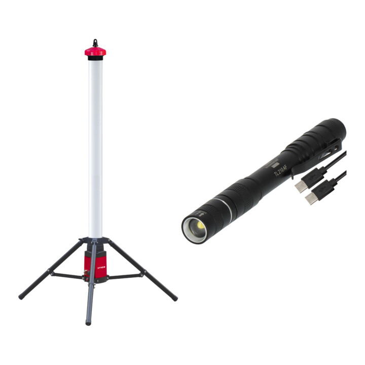 Set Stier STIER Akku-SMD-LED-Tower-Baustrahler 360° 3500 Lumen 36 W + Brennenstuhl Akku Taschenlampe LED LuxPremium TL 210 AF/Handlampe mit heller Osram-LED (200lm, bis zu 13h Leuchtdauer, 55m Leuchtweite, fremdkörper- und spritzwassergeschützt IP44)
