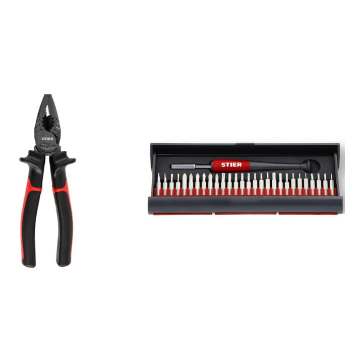 Set STIER Pince combinée Kraft 180 mm + Set de tournevis de précision 29 pièces Stier