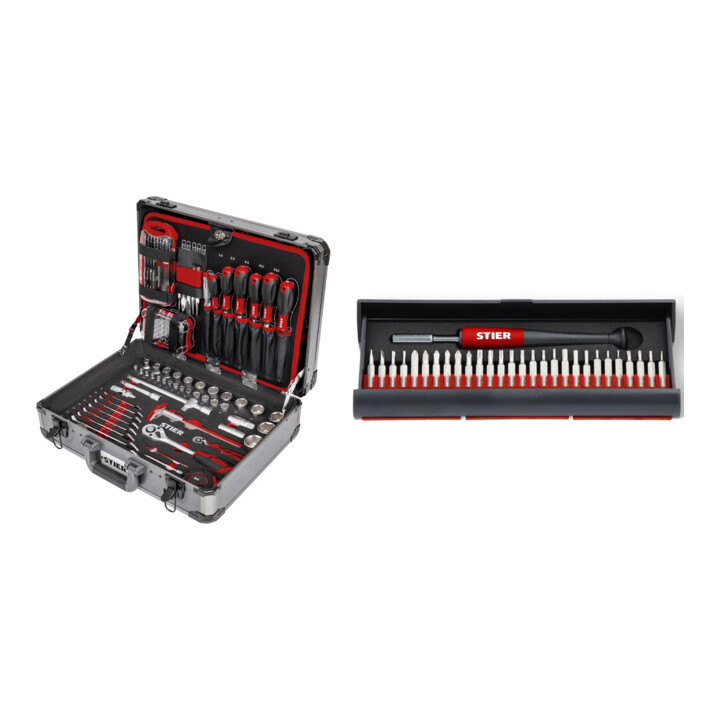 Set STIER Werkzeugsortiment Alukoffer 144-tlg + STIER Feinmechaniker-Satz 29-tlg