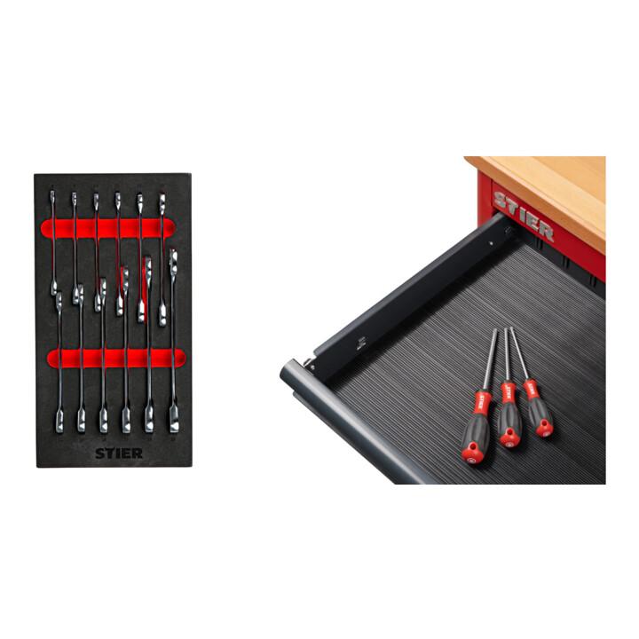 Set STIER Jeu de clés à cliquet à mâchoire + Tapis en caoutchouc pour tiroir